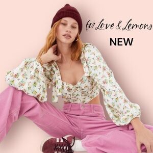 For Love & Lemons Tanya White Floral Puff Long Sleeve Crop Top Size Sz S CY1890